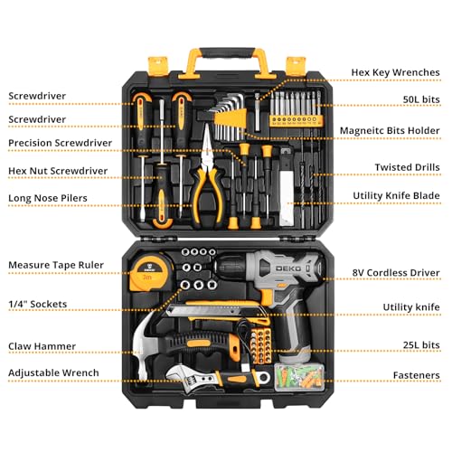 DEKO Cassetta Attrezzi Completa con Trapano Avvitatore Batteria 8V, 126 Pezzi Valigetta con Set Completo di Punte - Immagine 1
