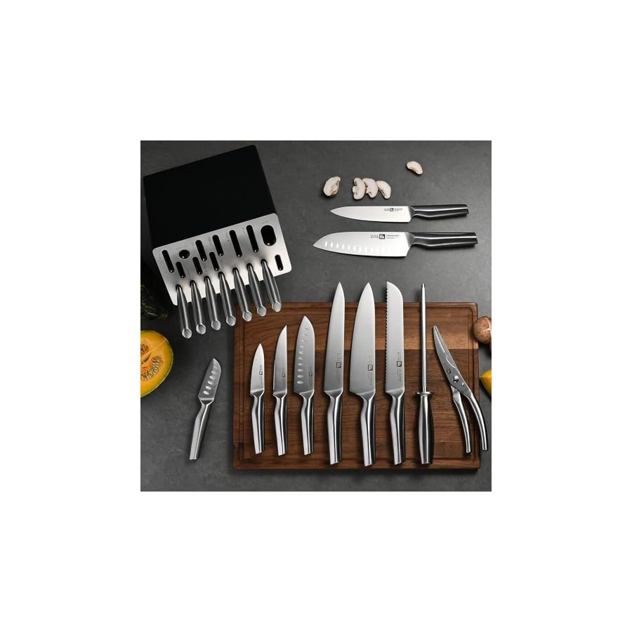 19 Piece Contour High Carbon Stainless Steel Kitchen Knife Set with Knife Sharpener Non-Slip Handles Knife Set with Block