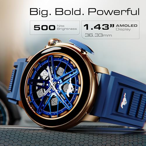 Image of GOBOULT Mustang Racer Smart Watch 1.43'' AMOLED Display, Rotating Bezel, BT Calling, 150+Watchfaces, 500 Nits Brightness, AI Voice Assistant, SpO2 Monitoring, 120+ Sports Mode (Apex Blue)