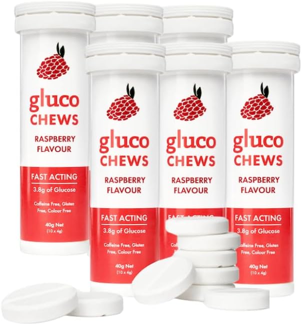 Glucology Fast Acting Glucochews | Glucose Tablets | Raspberry Flavour | 6 Tubes of 10 Tabletsโฆ