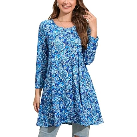 ENMAIN Tunic Tops for Women 3/4 Sleeve Plus Size Tops Dressy Casual Flare Long Swing Loose Fit Blue Paisley Ladies Tops & Blouses to Wear with Leggings Cover