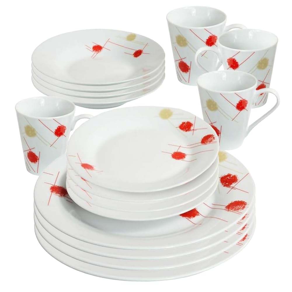 16 Piece Dinner Set - Cream & Red Patterns Dinnerware Set | 4 Bowls, 4 Side Plates, 4 Mugs, 4 Soup Plates | Kitchen Microwave & Dishwasher Safe | for Cereal, Desserts, Tea, Porcelain Cup, Gift