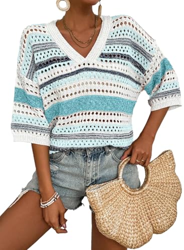 Image of Acelitt Crochet Tops for Women Summer Short Sleeve Sweater