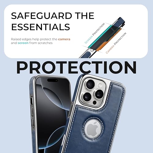 Image of PULOKA Chrome Leather Back Case - Compatible with iPhone 16 Pro- Luxury Bumper Case - Flexible Vegan Leather - Electroplated Sides & Logocut - Full Camera Protetection & Raised Edges - Blue