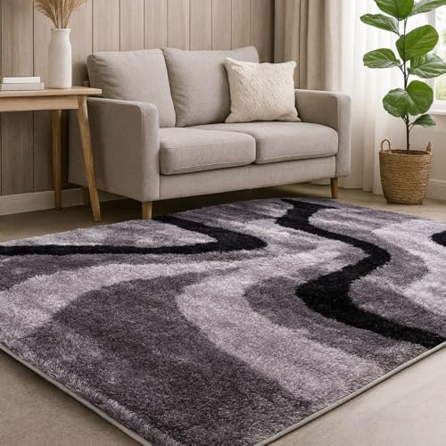 LA Soft Fluffy Large Plush Contemporary Braided Shaggy 8x10 Feet 3D Shag Area Rug Carpet Rug Black White Gray Color (280)