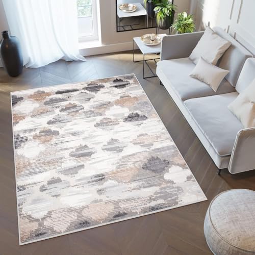 TAPISO Valley Teppich Kurzflor Beige Grau Creme Braun Kleeblatt Marrokanisch Verwischt Meliert Schlafzimmer Wohnzimmer ÖKO-TEX 140 x 200 cm