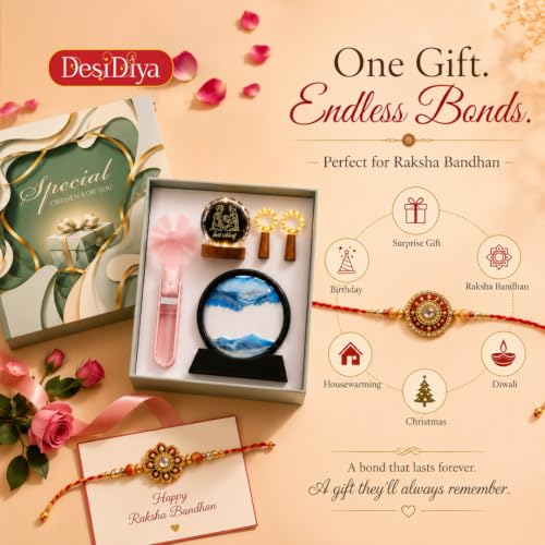 Image of Desidiya Raksha Bandhan Gift Combo for Brother & Sister, 5 Pcs Gift Set | LED Crystal Ball Lamp, Sand Art Lamp, USB Rechargeable Fan & Decor Lights | Unique Add-On Gift for Rakhi