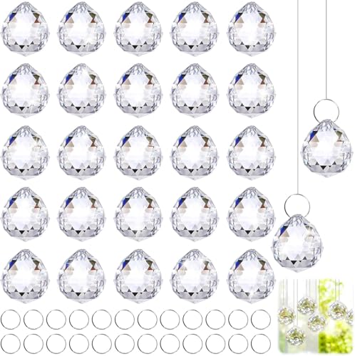24Pack Kristall Sonnenfänger, 0.94'/24 mm Kristalle zum Aufhängen, Kristalle Deko Anhänger, Lichtfänger für Fenster, Kronleuchter, Feng Shui & Geschenk (Clear)