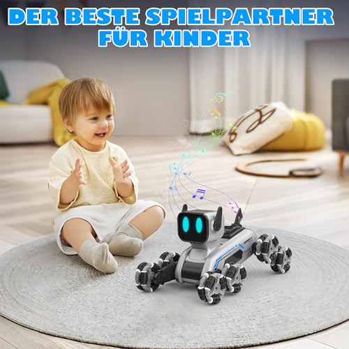SIMREX Roboter Hund RC Stunt Auto Spielzeug - interaktive Fernbedienung Auto mit Gestentensteuerung & Mecanum Räder, LED-Augen, 3 Soundeffekte, Geburtstagsgeschenk für Kinder Jungen Mädchen Alter 6+