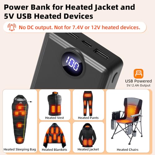 Image of 2 PACK 12000mAh Heated Vest Battery Pack, USB Power Bank Portable Dual Output Ports (not for 7.4V or 12V)with LED Display for Heating Jacket Hoodies Pants Heated Chair and Smart Device