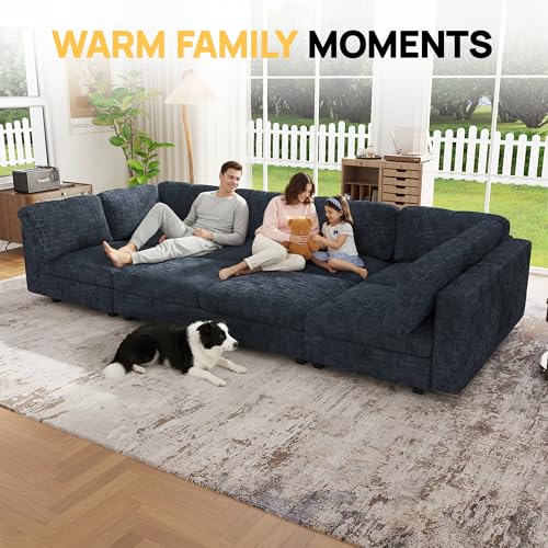 Image of 128 inch Modular Sectional Chenille Sofa bed with Hidden Storage, Comfy Modern 8 Seater Oversized Deep Seat Couch, Modular Sectional with Ottoman and Removable Cover for Living Room, Apartment, Black