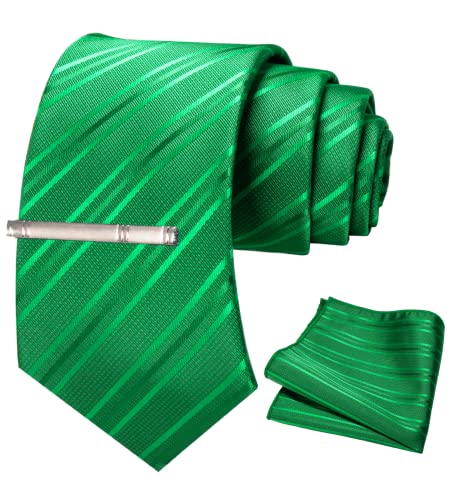 Image of RBOCOTT Silk Stripe Plaid Tie and Pocket Square with Tie Clip Sets for Men