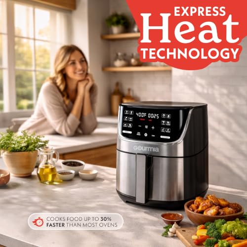 Image of Gourmia Air Fryer - 7 Qt Capacity, LED Display, 12 One-Touch Presets, FryForce 360 Technology, Nonstick Dishwasher-Safe Basket & Crisper Tray, Stainless Steel