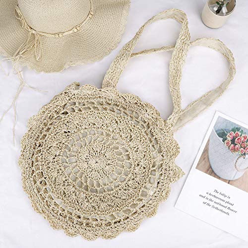 ISIYINER Sac De Paille Rond Sac de Plage d'été Pour Femme en Crochet Bandoulière Avec Style Boho Woven Sac À Main pour Vacances Voyage Shopping et Utilisation Quotidienne