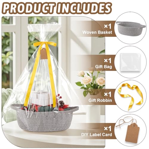 Image of OIAHOMY Small Woven Basket with Gift Bags, Ribbons & DIY Label Card, Baskets for Gifts Empty, Small Rope Basket 12 * 8 * 5IN, Cute Decorative Baskets with Handles for Baby Pets, Toys, Grey