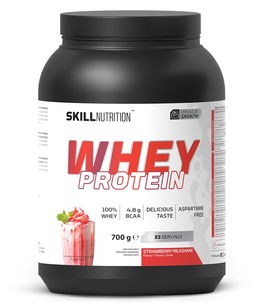 SKILL Nutrition Whey Protein | Protéine de Lactosérum | 23g Protéines par Portion | Haute Solubilité & Profil Riche en Acides Aminés | 700g | Saveur Milkshake Fraise
