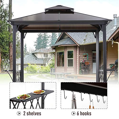 Outsunny 9' x 5' Grill Gazebo, Hardtop BBQ Gazebo Canopy with 2-Tier Polycarbonate Roof, Shelves Serving Tables and Hooks, for Backyard Patio Lawn - Image 4