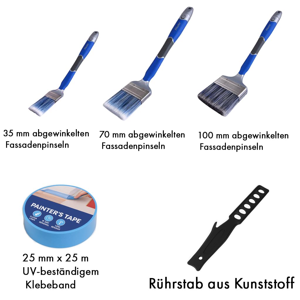 Mäster Malerpinselset für Fassade und alle Oberflächen – Serie Superior – Komplett-Set mit 100 mm Fassadenpinsel, 35 und 70 mm Winkelpinseln, 25 mm x 25 m UV-beständigem Klebeband und Rührstab