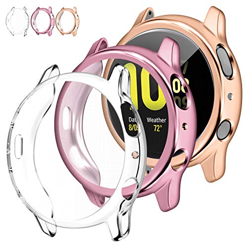 Wanme for Samsung Galaxy Watch Active 2 44mm 40mm Screen Protector Case, 3-Pack Bumper Full Around Cover Soft TPU Case for Samsung Galaxy Active 2 44mm 40mm (44mm, #A(RosePink+RoseGold+Clear))