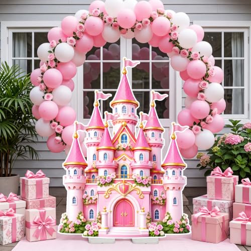 Image of Qunclay 4.5 ft Pink Princess Castle Cardboard Cutout Fairy Tale Castle Party Decoration Life Size Photo Booth Prop Standee Stand up 3D Display Backdrop Decor for Birthday Tea Party Baby Shower