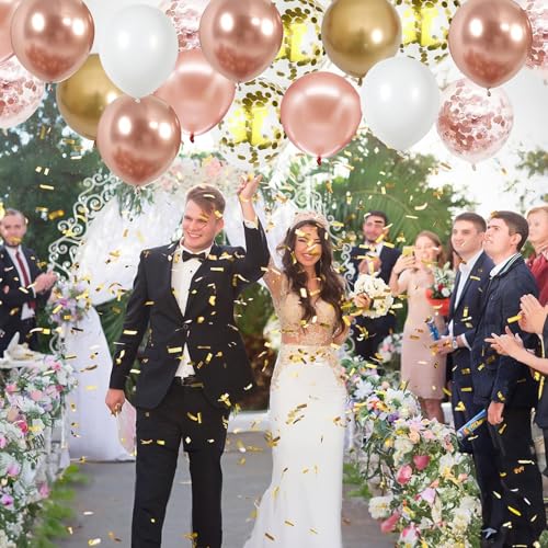 Image of Rose Gold Confetti Balloons, 60 Packs 12 inch Metallic Rose Gold and Chrome Gold Party Balloon with Ribbon for Girls Women Birthday Wedding Anniversary Bridal Baby Shower Decoration