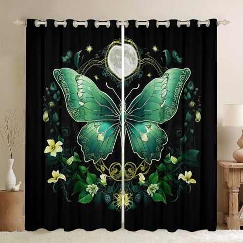 Castle Fairy Butterfly Window Curtain,Moon Night Curtains,Flower Leaves Window Treatment Curtain for Kids Girls Boys Woman Room Decor,Exotic Boho Style Black Green Window Drapes,2 Panels,38Wx45L