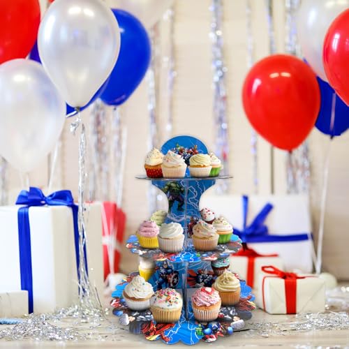 AEX 3 Tier Cake Stands for Afternoon Tea, Biodegradable Cupcake Stand Cardboard, Round Dessert Tower for Party, Birthday, Anniversary, Wedding (Captain America) - Image 6