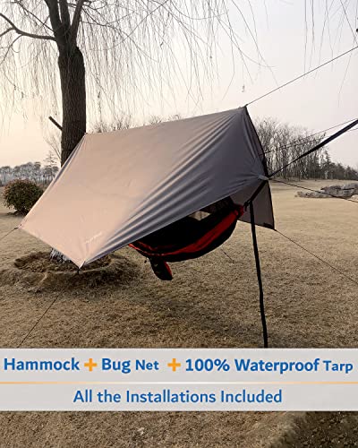 Image of Sunyear Camping Hammock, Portable Single & Double Hammock with Net, 2 Person Hammock Tent with 2 * 10ft Straps, Best for Outdoor Hiking Survival Travel