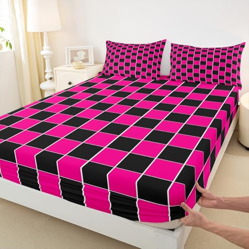 Image of Erosebridal Hot Pink Black Grids Bedding Set Queen Geometric Checkered Bed Sheets Aesthetics Plaid Gingham Sheet Set Kids Boys Girls,Soft Lightweight Fitted Top Sheets 4 Piece
