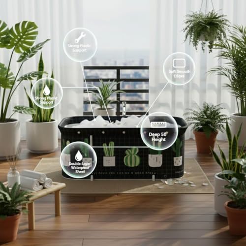 Image of Foldable Adult Bath Tub for Home Spa | Large Portable Bathtub with Backrest & Handle | Insulated Folding Tub for Hot & Cold Soak, Ice Bath, Bubble Bath & Relaxing Spa (Cactus)