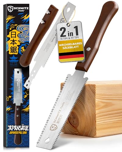 SCHMITZ.Tools Japansäge Handsäge Holz - Japanische Zugsäge - Extrem scharf Doppelseitig 11/17 TPI - Japan Säge - Glatte & kontrollierte Schnitte - Japanese Saw Japansäge Klein - Dunkler Griff