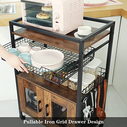 Hencawima Kitchen Island Microwave Cart Stand With Storage Cabinet & Wire Basket Drawer On Wheels Bar Cart Rolling Coffee Cart Home Bakers Rack With 5 Hooks, Rustic Brown #TOP1