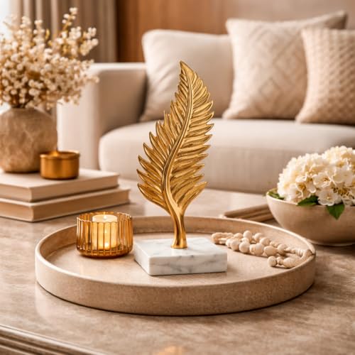Image of CraftVatika Metal Golden Leaf on Marble Base Showpiece, Deorative Showpiece Items for Living Room Tabletop Items for Home Decor, Metal Entire Leaf Figurine Office Decor Housewarming