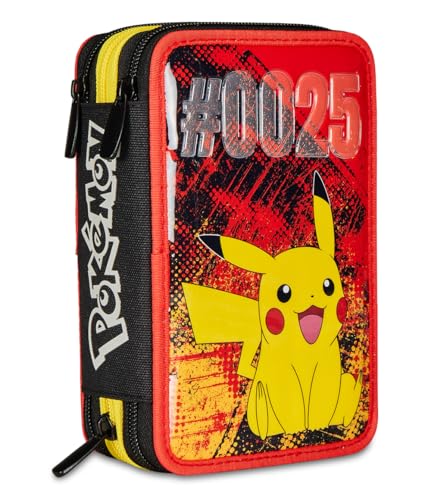 Seven Federmäppchen, Mäppchen, Pokemon Pikachu - Federtasche für Schreibwaren, Etui komplett mit Bleistiften, Filzstiften, Schulmaterial, mit 3 Fächern, Mädchen, Schule - Grundschule, XXL