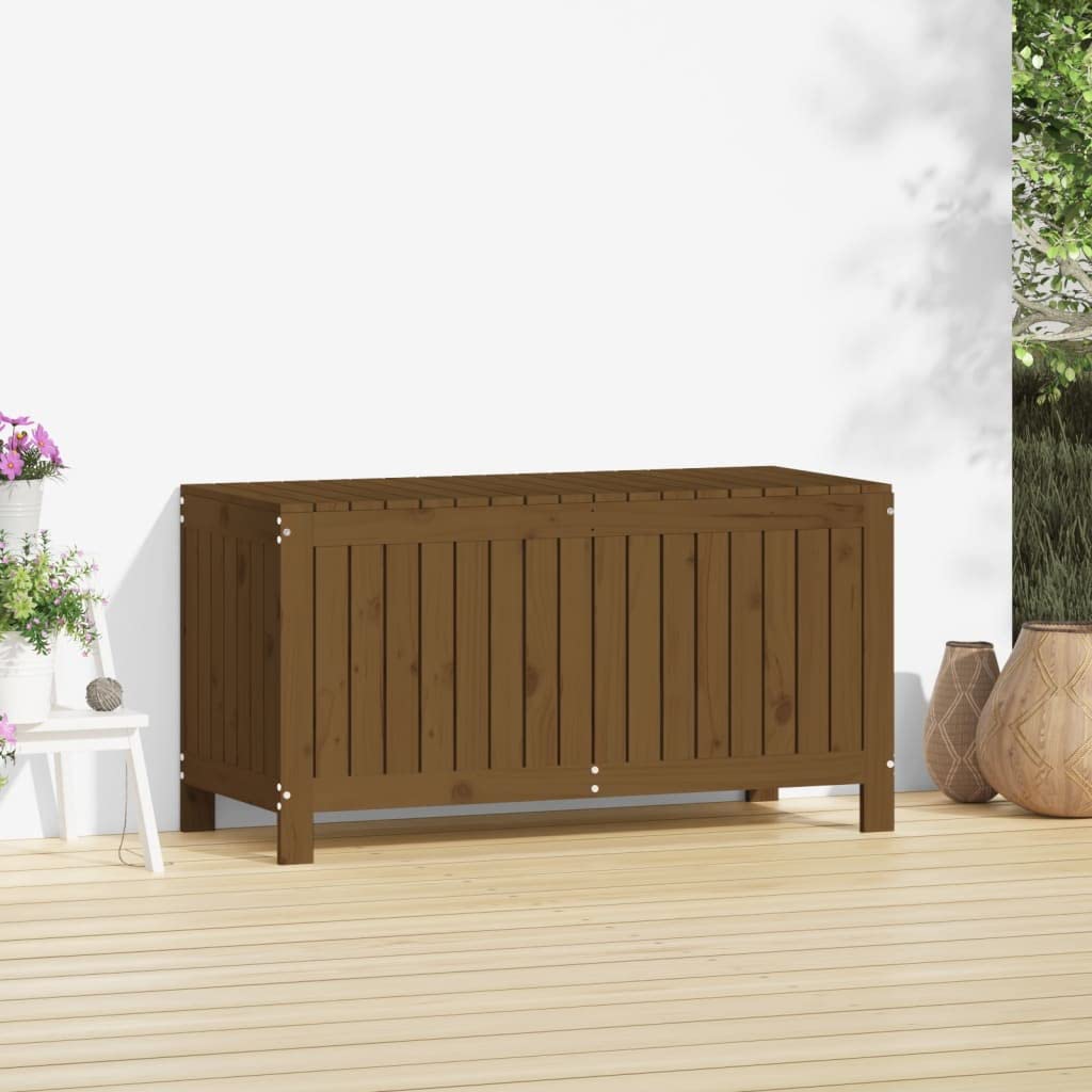 Caja de almacenamiento para jardín, 115 x 49 x 60 cm, madera de pino maciza, color marrón, miel, caja exterior con tapa de elevación hidráulica de gas y listones abiertos para ventilación