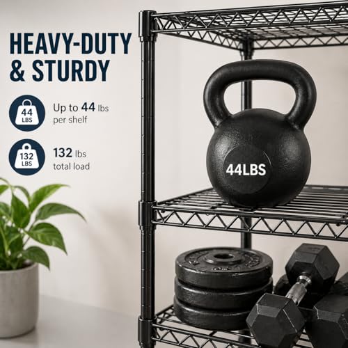 Image of Simple Deluxe 3-Tier Heavy Duty Adjustable Storage Shelf with Wheels, 23.23 inchW x 13.39 inchD x 30.31 inchH, Mobile or Stationary Metal Shelving Unit, Easy Assembly for Kitchen, Pantry, Laundry Room, Black