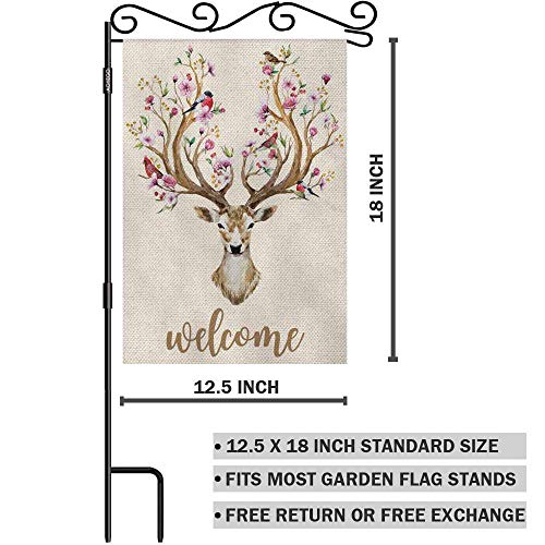 Aoyego Deer Welcome Garden Flag Small Vertical Double Sided 12.5 X 18 Inch Watercolor Deer Big Antlers Flowers And Birds On The Horns Burlap Yard Outdoor Decor #TOP1
