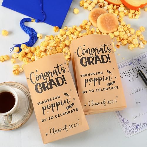 Image of 200 Pcs Class of 2025 Graduation Popcorn Bags Thanks for Popping by Popcorn Bags Bar Supplies Graduation Party Favors Kraft Grease Resistant Paper Congrats Grad for Treat Cookie Snack Goodie