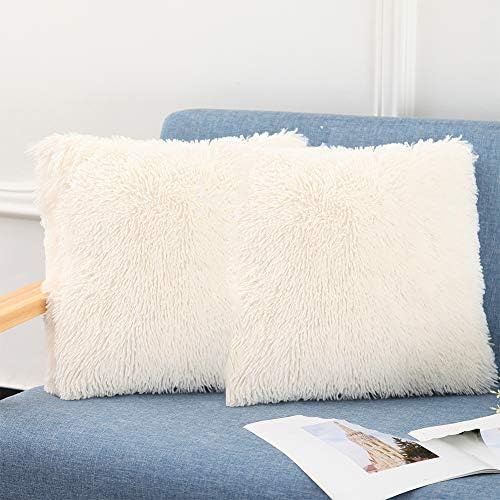 SatisInside Set of 2 - Extra Soft Fuzzy Faux Fur Home Square Decorative Throw Pillow Cover Cushion Cover Bed Pillow Case for Bedroom Couch (16"X16") - White