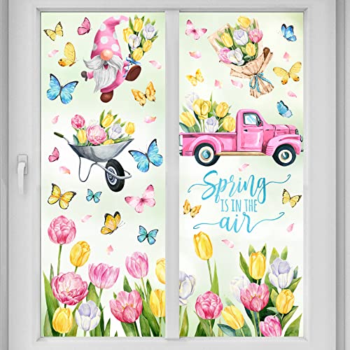 Mfault 9 Sheets Spring is in The Air Tulip Flowers Window Clings, Floral Gnome Truck Cart Wall Glass Stickers Decal Decorations, Bouquet Butterfly Living Room Home Kitchen Decor