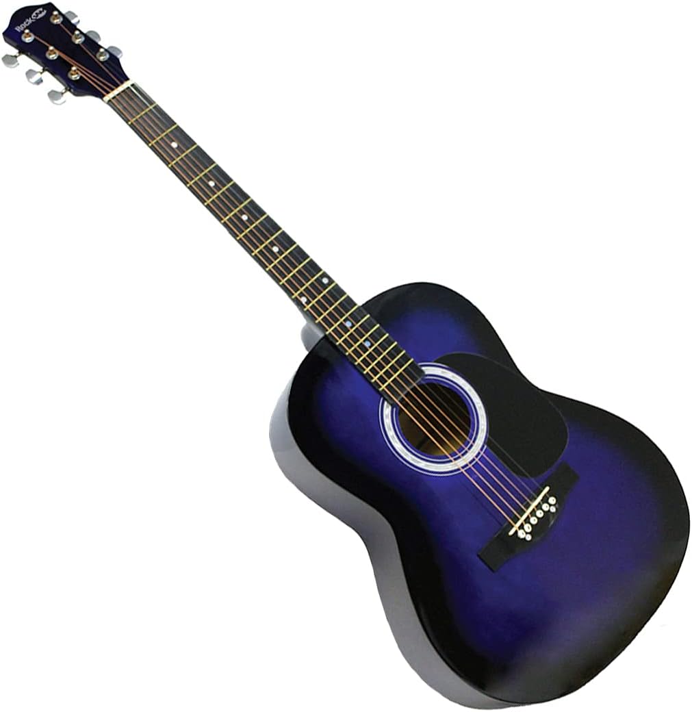 rockjam acoustic guitar kit with stand, tuner, gig bag, strap, picks, spare strings & lessons blue