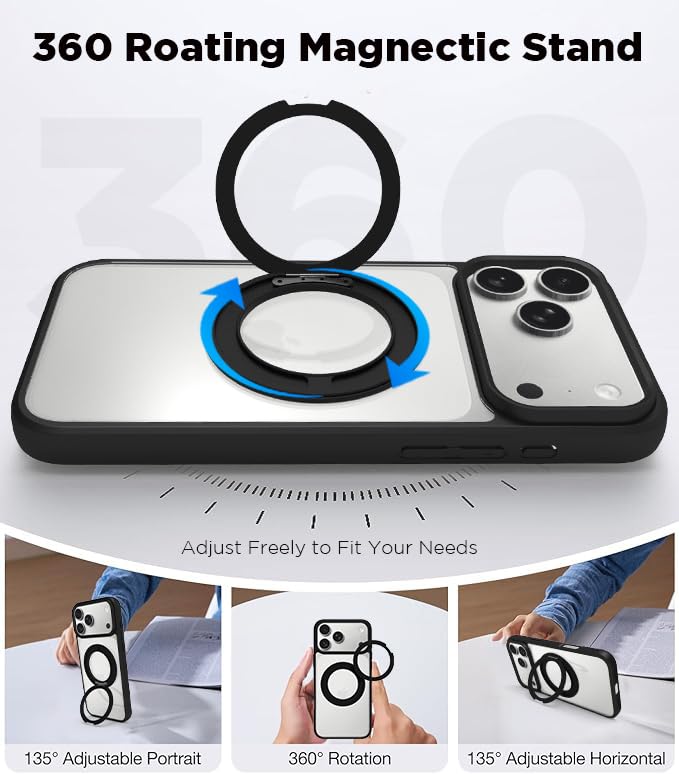 Image of RIGGEAR Shockproof Tough Hybrid Armor 360 Rotating Magnetic Ring Stand Back Cover Case Compatible with MagSafe Accessories for iPhone 17 Pro Max (Smoke Black Matte PC and Black TPU Bumper)