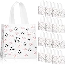Sweetude 24 Pcs Soccer Gift Bags Bulk with Handle Pink Bow Tote Sports Non Woven Sports Party Favor Gift Bag 7.9 x 7.9 Inch Party Favor Treat Candy Bags Supplies Bulk for Birthday Team Snack
