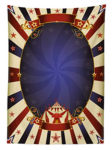 Ambesonne Vintage Outdoor Tablecloth, Circus Theme Retro Carnival Tent Ribbon Poster Like Image, Decorative Washable Picnic Table Cloth, 58" X 104", Navy Burgundy #TOP1