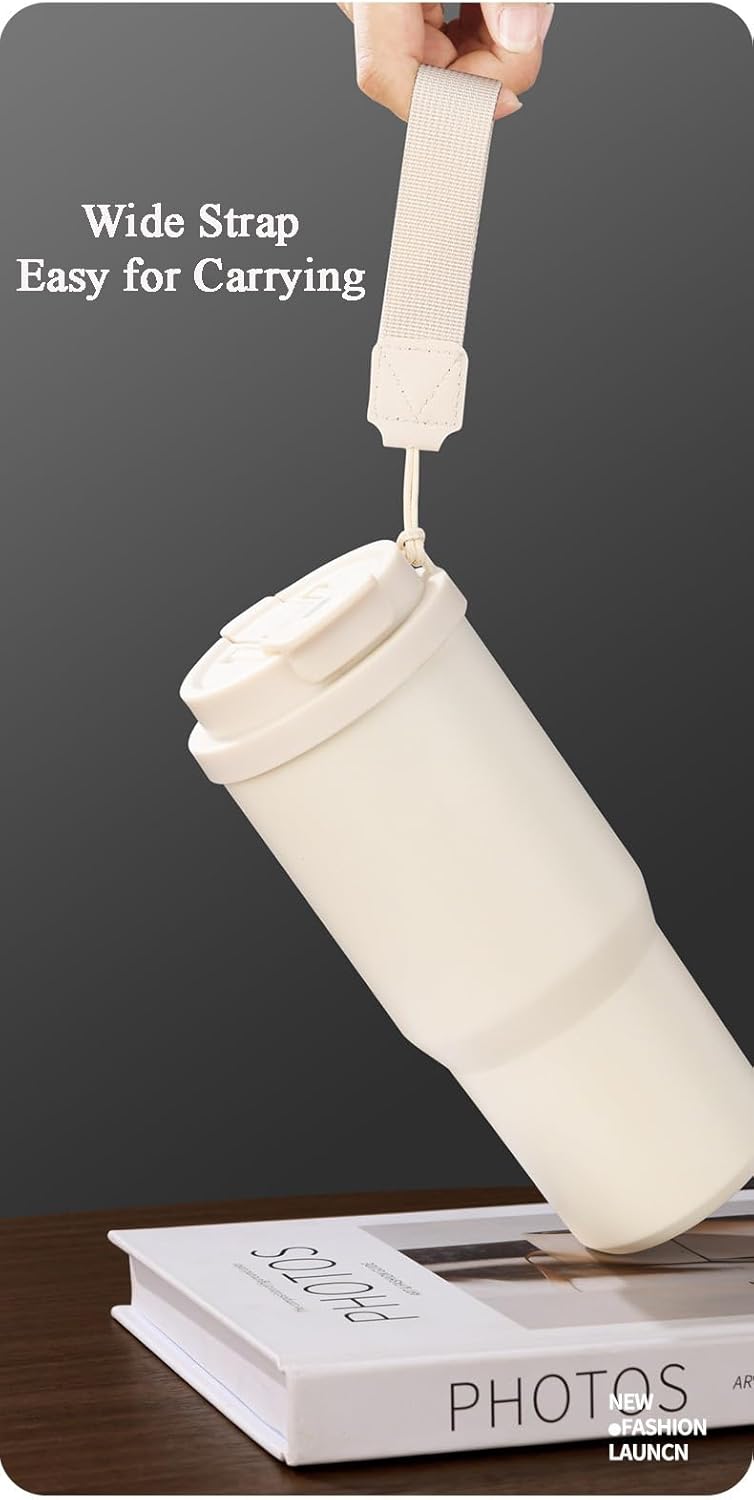 25 OZ Tumbler with Lid and Straw, Tumbler with Flip Straw, Stainless Steel Tumbler, Double Wall Vacuum Insulated Tumbler, Travel Coffee Mug with Strip, Insulated Coffee Mug, White - Image 5