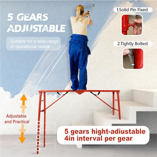 LEADALLWAY Scaffolding Platform 770 LBS Capacity 58\"x11\"x30\'\' Folding Adjustable Portable Work Platform Ladder,Red - Thumbnail 2