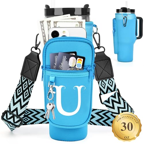 LOKASS Personalized for Stanley Cup Accessories 30oz, Initial Stanley Cup Holder with Strap, Cup Carrier Bag Water Bottle Holder with Phone Pocket Gifts for Women,Girls,Travel,Walking,Work
