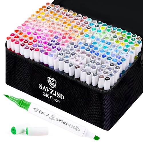 SAVZJSD 240 Colors Markers Set, 240 Colors Dual Tip Markers Set, Fine & Chisel Double Tipped Art Markers for Kids Adults Beginners & Artists in Coloring, Painting(Water-based Markers)