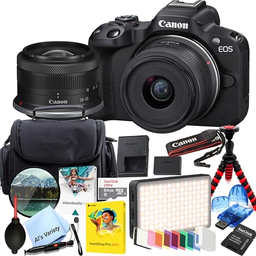 Canon EOS R50 24.2MP APS-C CMOS Sensor Mirrorless Camera with 18-45mm Lens + 64GB Memory, LED Video Light, Filter, Tripod and More (Renewed)