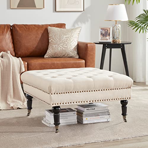 Kingfun Large Square Tufted Ottoman Coffee Table With Tray & Casters Wheels, Oversized Linen Cocktail Ottoman Bench, Upholstered Coffee Table Ottomans, Foot Rest Stool For Living Room(Beige) #TOP5